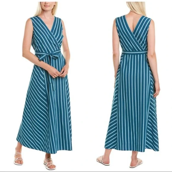 ❎SOLD Lafayette 148 Siri Wrap Dress Striped Blue Pacific Sleeveless Long Dress 2 - Picture 2 of 14